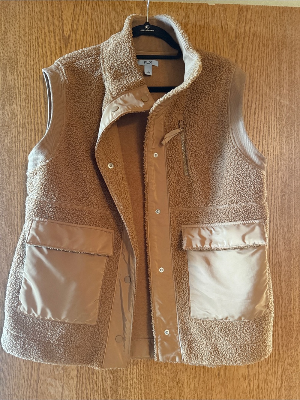 FLX Sherpa Fleece Utility Vest Tan Beige Snap Front Size Medium